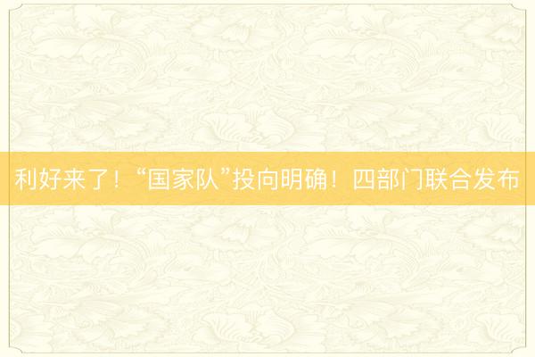 利好来了！“国家队”投向明确！四部门联合发布